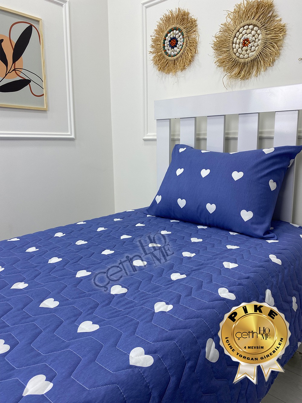 Çetinhome Tek Kişilik Kapitone Pike Seti 4 Mevsim Blue Kalp