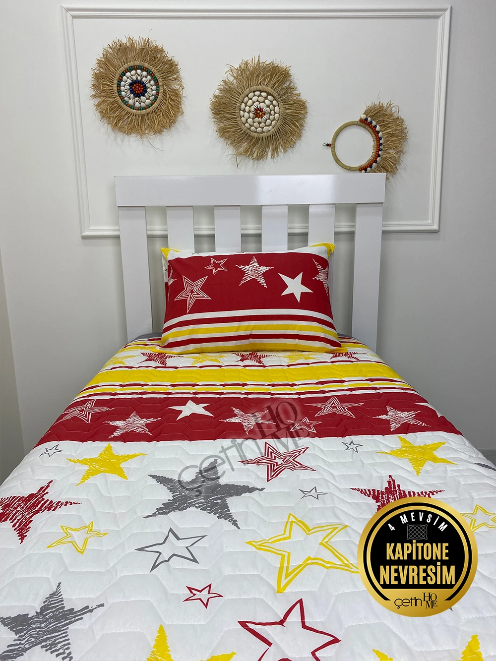 Çetinhome Tek Kişilik Kapitone Pike Seti 4 Mevsim Sarı Kırmızı