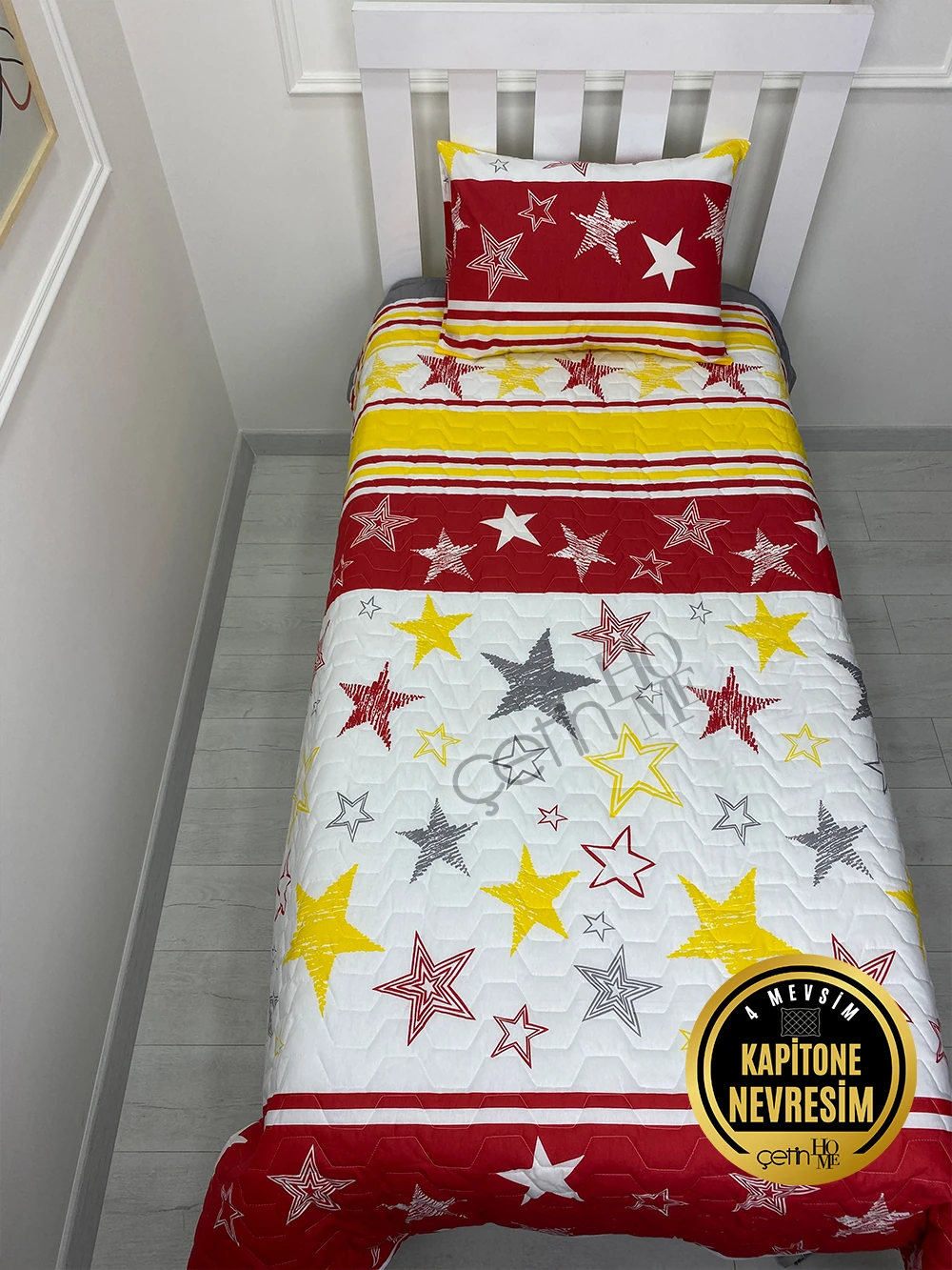 Çetinhome Tek Kişilik Kapitone Pike Seti 4 Mevsim Sarı Kırmızı