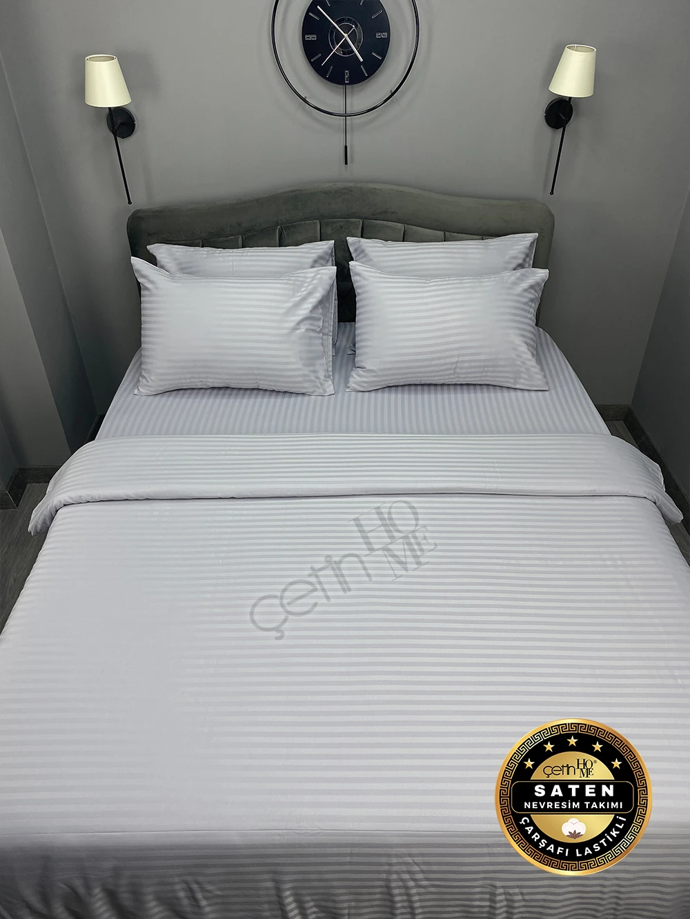 Çetinhome Çift Kişilik Çizgili Saten Nevresim Takımı