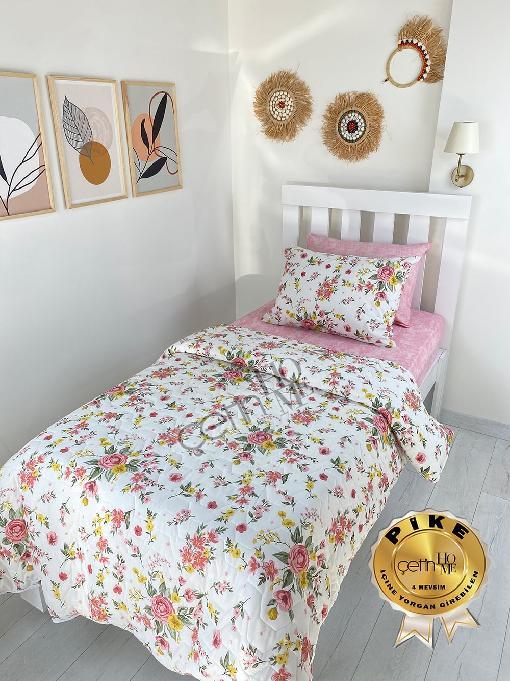 Çetinhome Tek Kişilik Çarşafı Lastikli Kapitone Pike Takımı 4 Mevsim Gülben