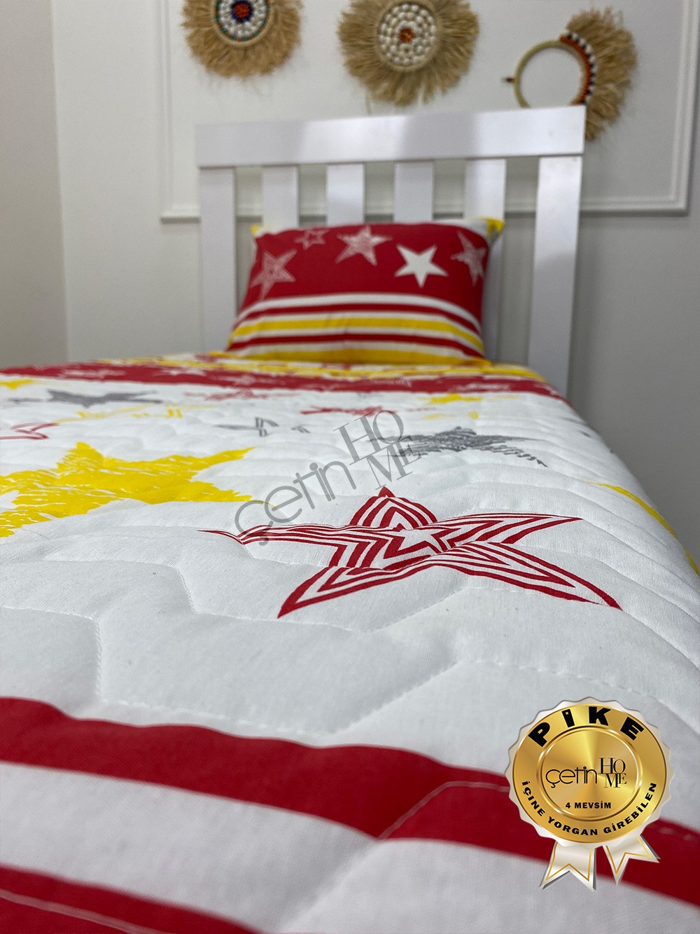 Çetinhome Tek Kişilik Kapitone Pike Seti 4 Mevsim Sarı Kırmızı