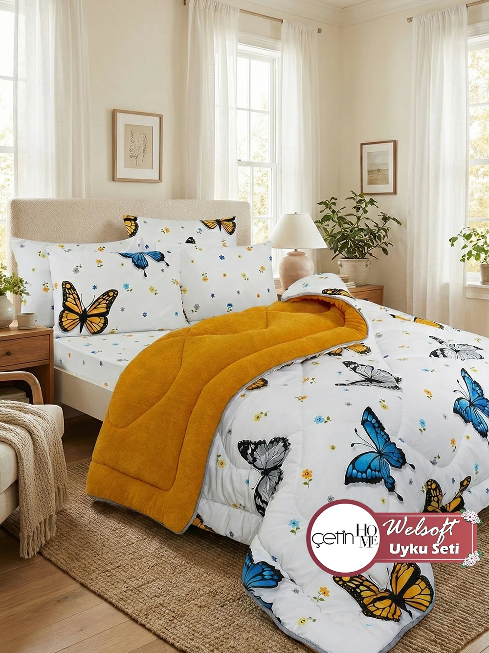 Çetinhome Çift Kişilik Çarşafı Lastikli Welsoft Uyku Seti - Rüya Hardal