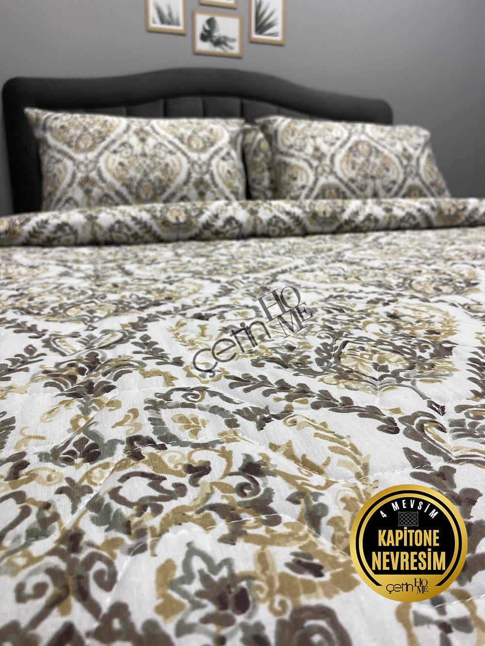 Çetinhome Çift Kişilik Çarşafı Lastikli Kapitone Pike Takımı 4 Mevsim Harem Gold