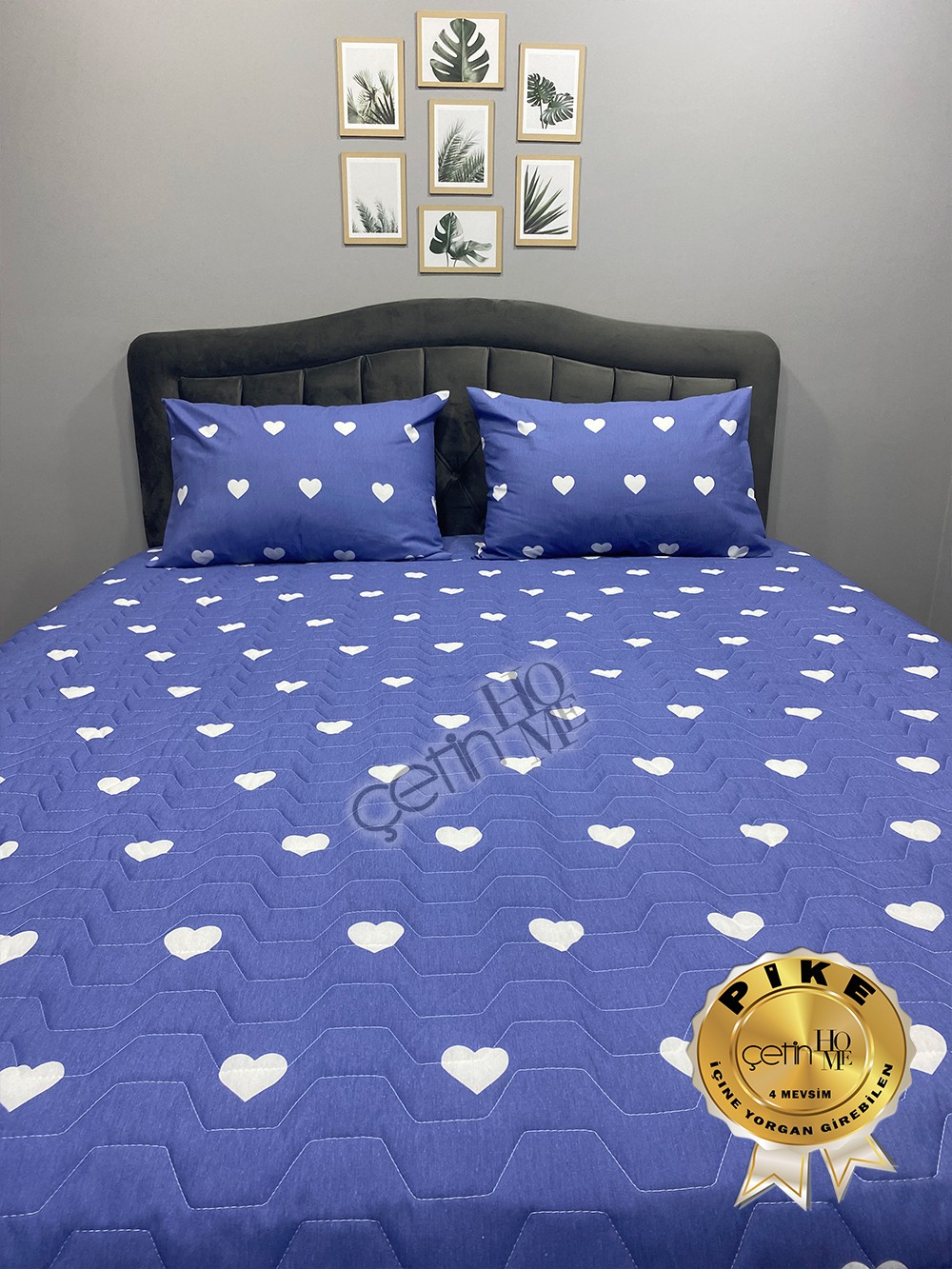 Çetinhome Çift Kişilik Kapitone Pike Seti 4 Mevsim Blue Kalp