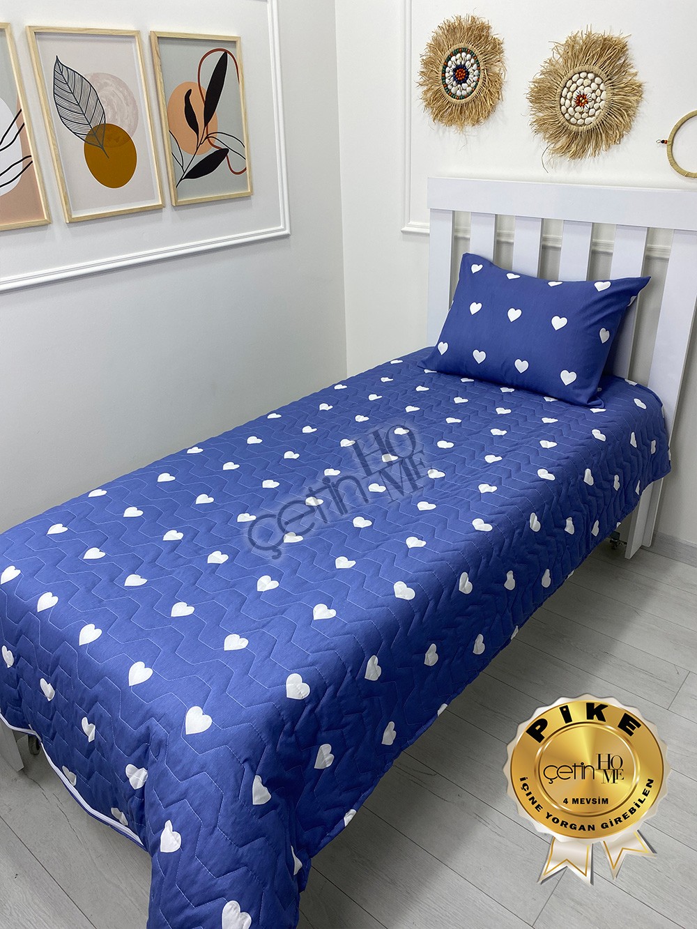Çetinhome Tek Kişilik Kapitone Pike Seti 4 Mevsim Blue Kalp