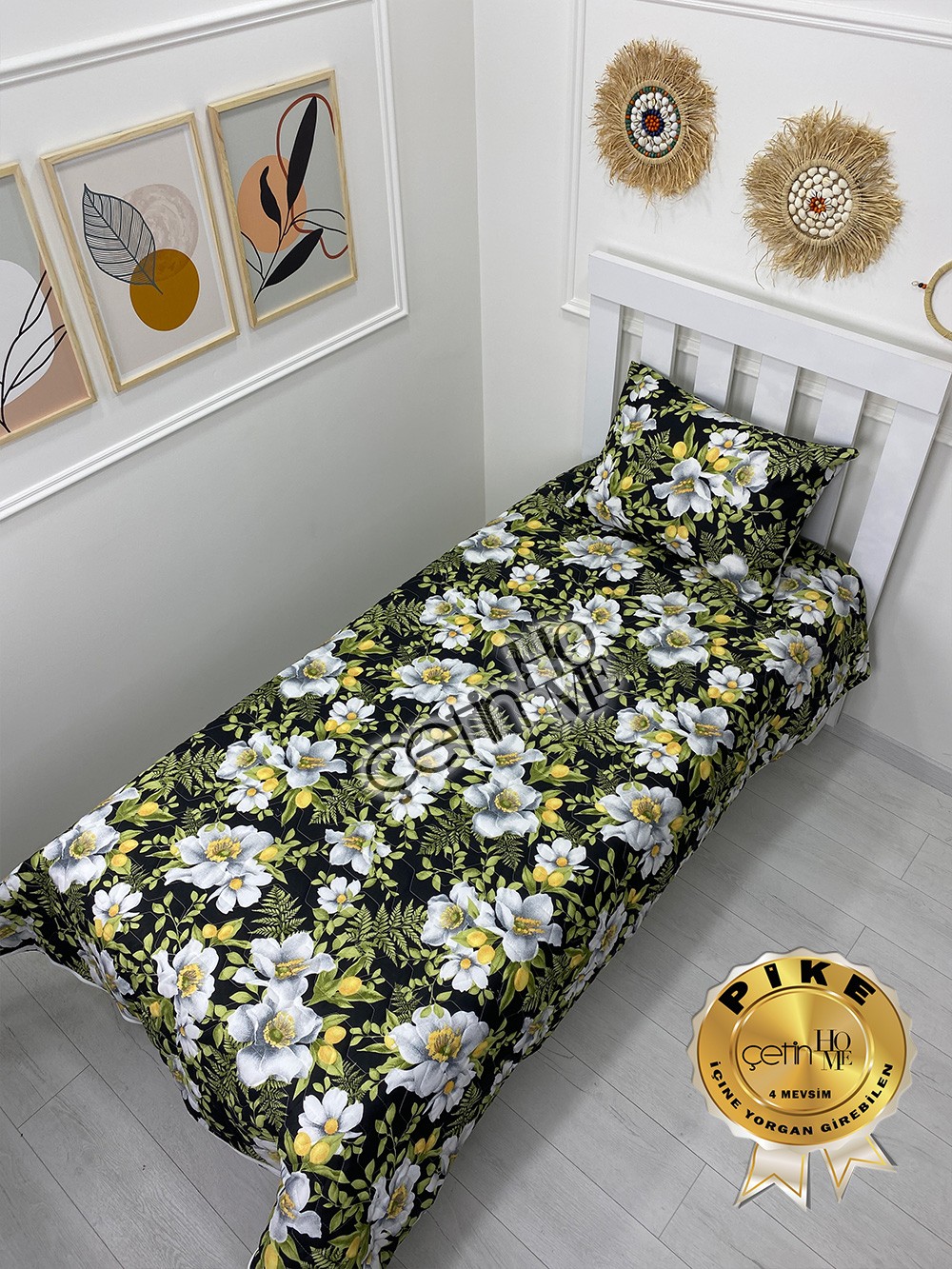 Çetinhome Tek Kişilik Kapitone Pike Seti 4 Mevsim Limon Çiçeği