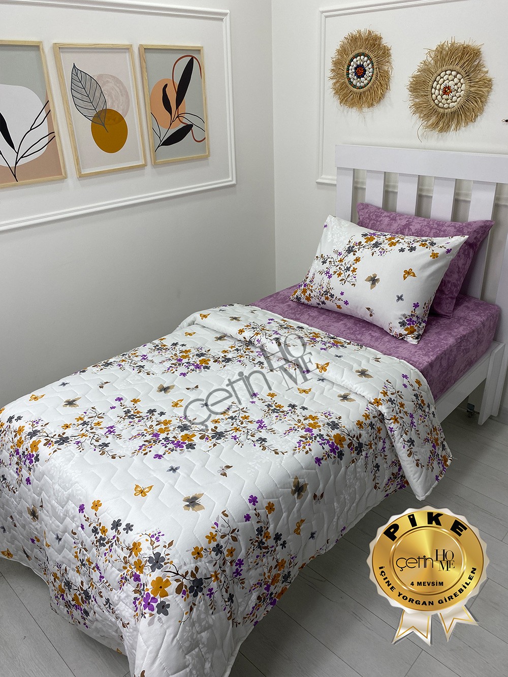 Çetinhome Tek Kişilik Çarşafı Lastikli Kapitone Pike Takımı 4 Mevsim Bahar Fuşya
