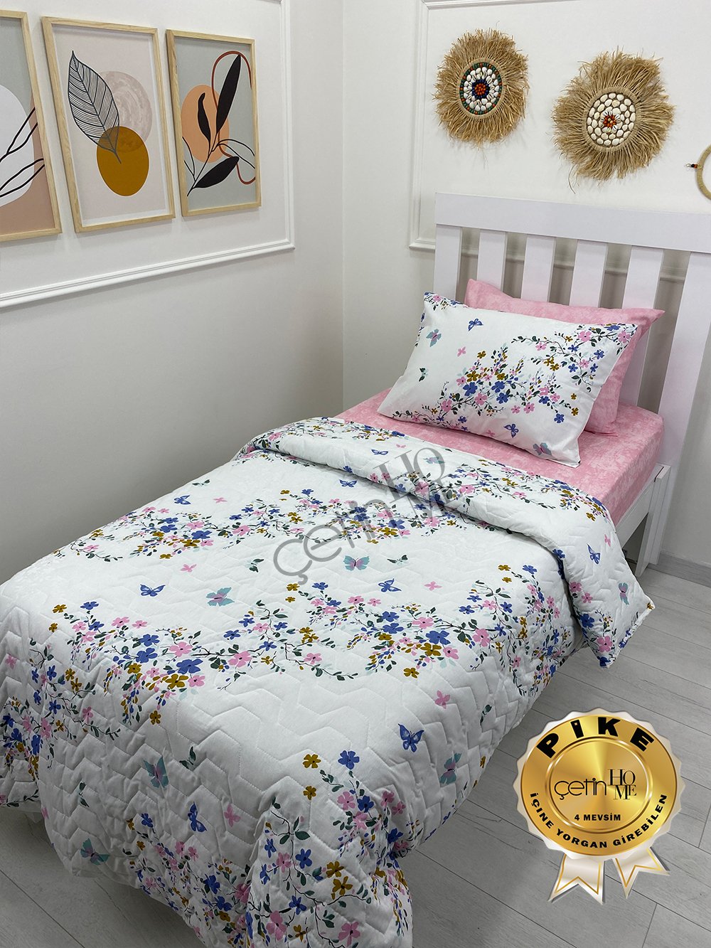 Çetinhome Tek Kişilik Çarşafı Lastikli Kapitone Pike Takımı 4 Mevsim Bahar