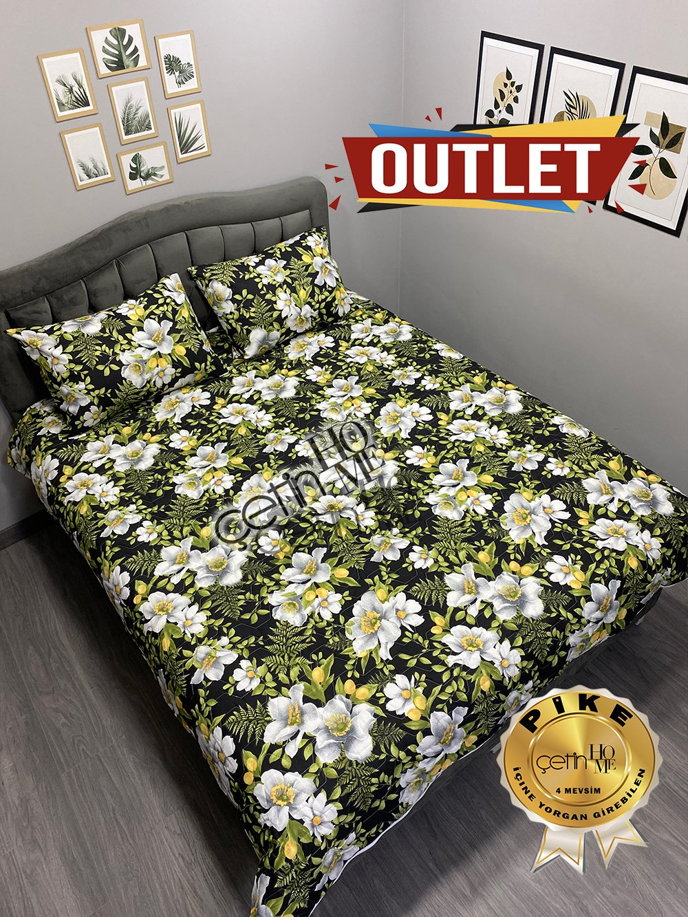 Outlet Çift Kişilik Kapitone Pike Seti 4 Mevsim Limon Çiçeği