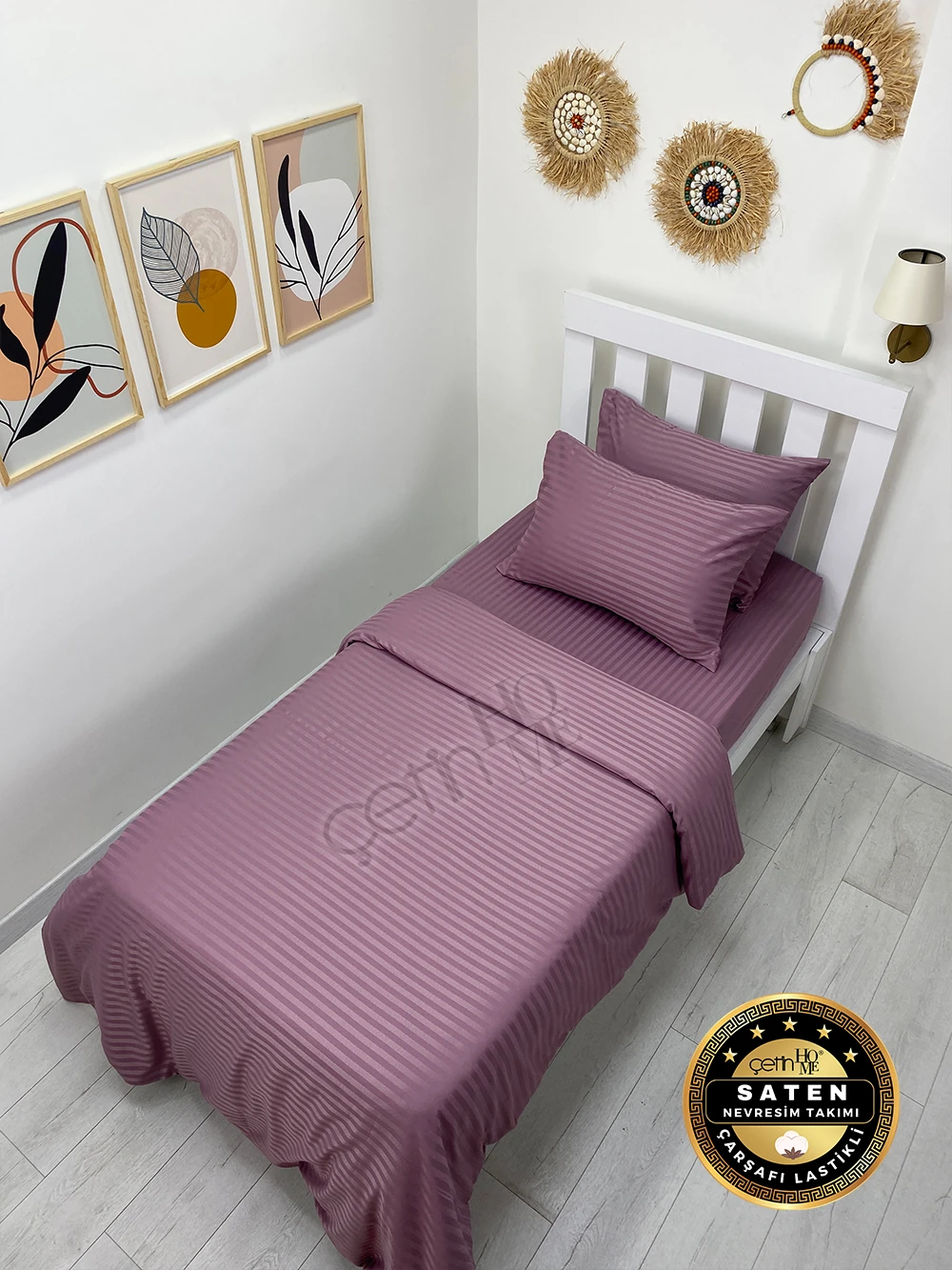 Çetinhome Tek Kişilik Çizgili Saten Nevresim Takımı - Gül Kurusu