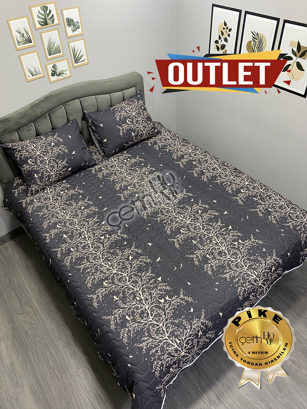 Outlet Çift Kişilik Kapitone Pike Seti 4 Mevsim Silva Siyah