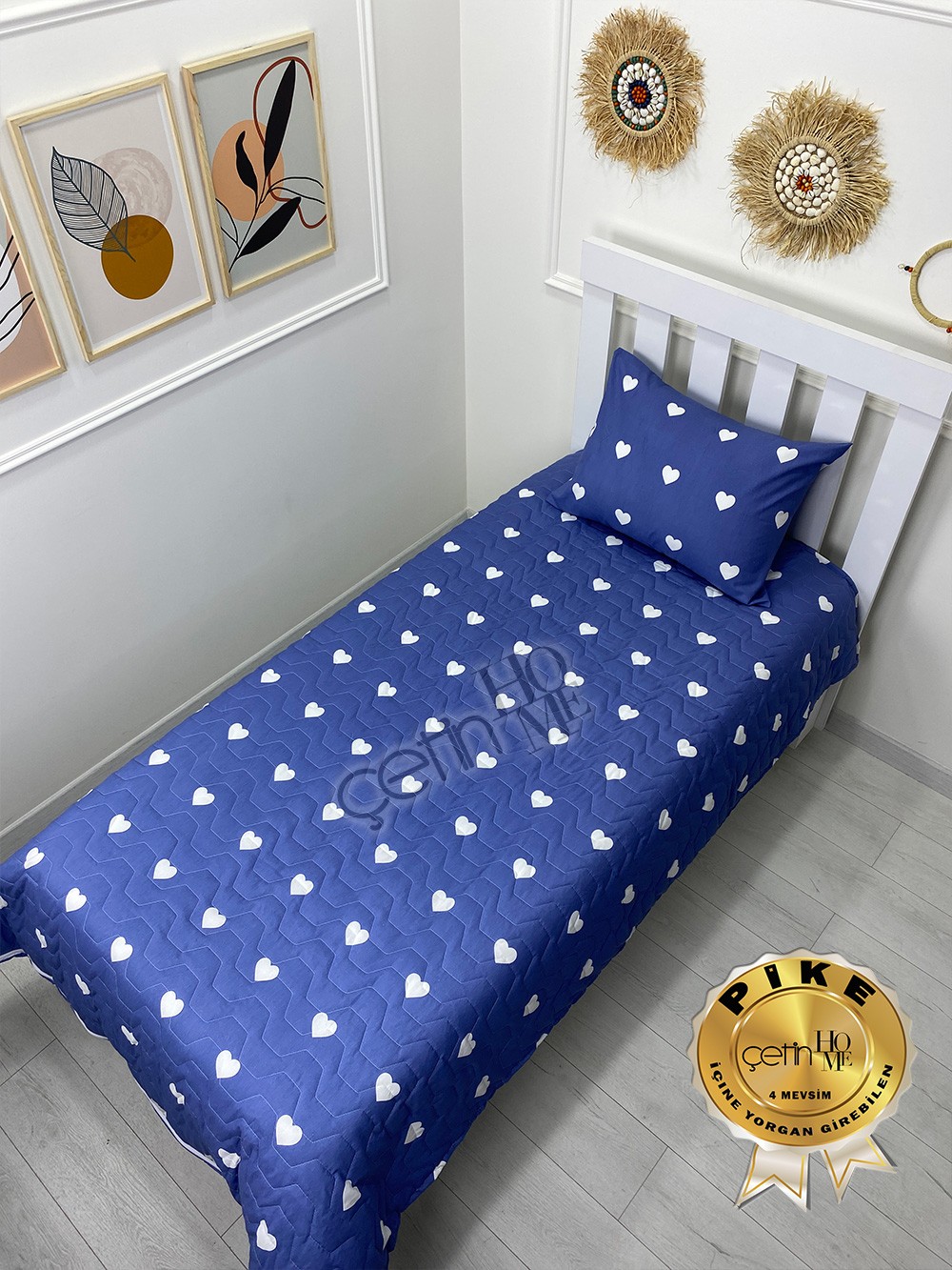 Çetinhome Tek Kişilik Kapitone Pike Seti 4 Mevsim Blue Kalp