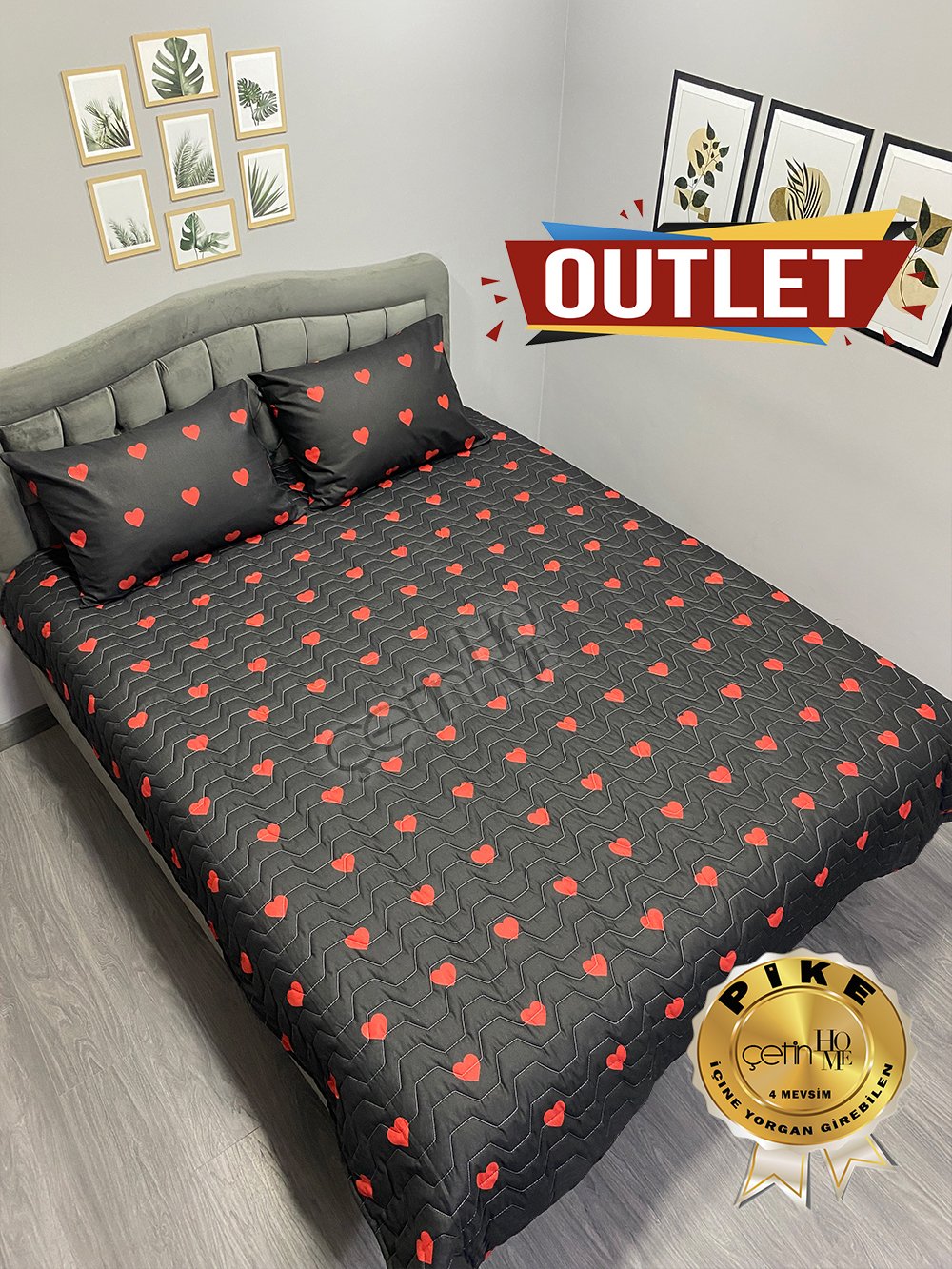Outlet Çift Kişilik Kapitone Pike Seti 4 Mevsim Siyah Kalp