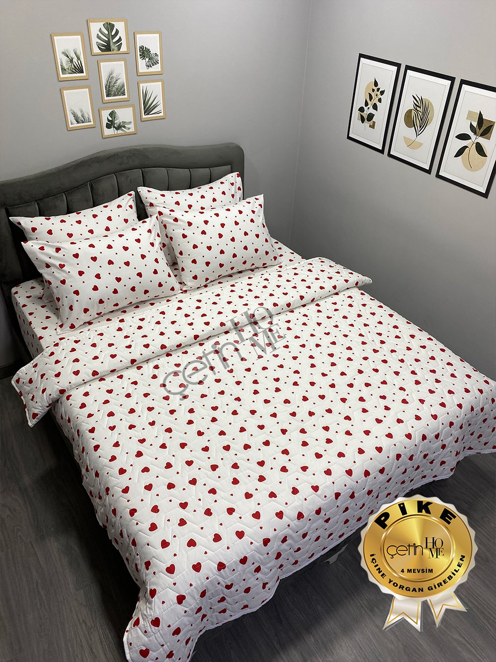 Çetinhome Çift Kişilik Çarşafı Lastikli Kapitone Pike Takımı 4 Mevsim Kalp
