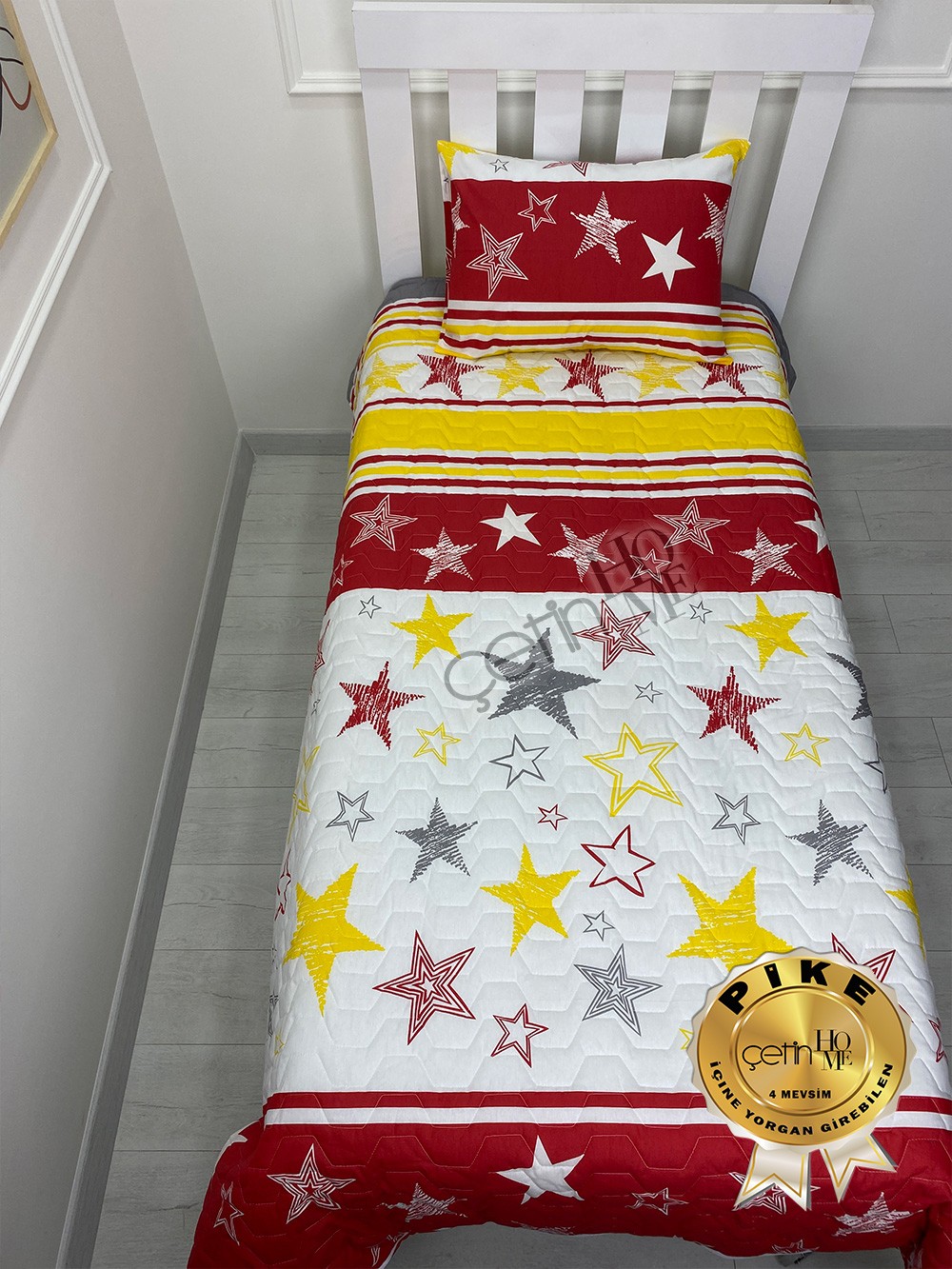 Çetinhome Tek Kişilik Kapitone Pike Seti 4 Mevsim Sarı Kırmızı