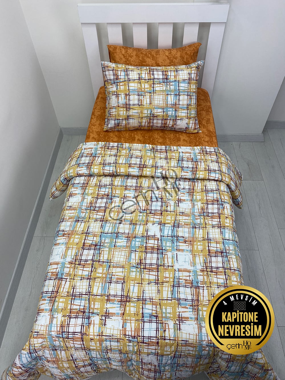 Çetinhome Tek Kişilik Çarşafı Lastikli Kapitone Pike Takımı 4 Mevsim Ebruli Kehribar
