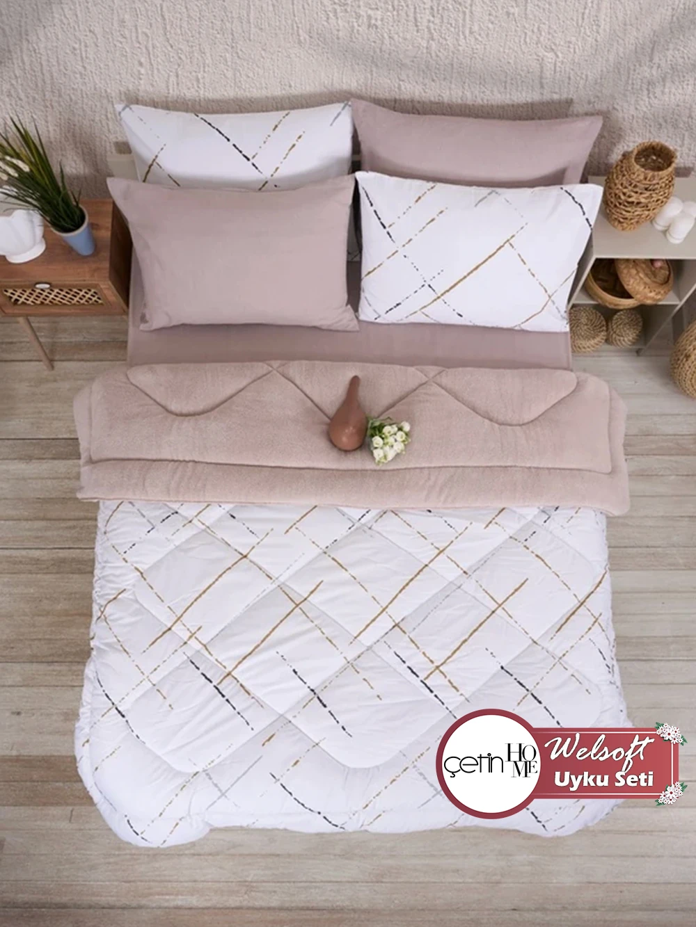 Çetinhome Çift Kişilik Çarşafı Lastikli Welsoft Uyku Seti - Yansıma Bej