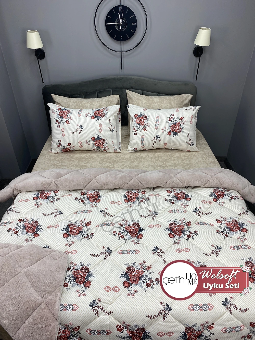 Çetinhome Çift Kişilik Çarşafı Lastikli Desenli Welsoft Yorgan Seti Hanzade