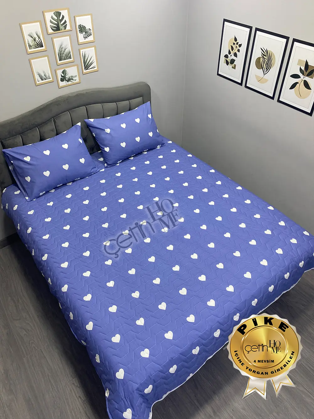 Çetinhome Çift Kişilik Kapitone Pike Seti 4 Mevsim Blue Kalp