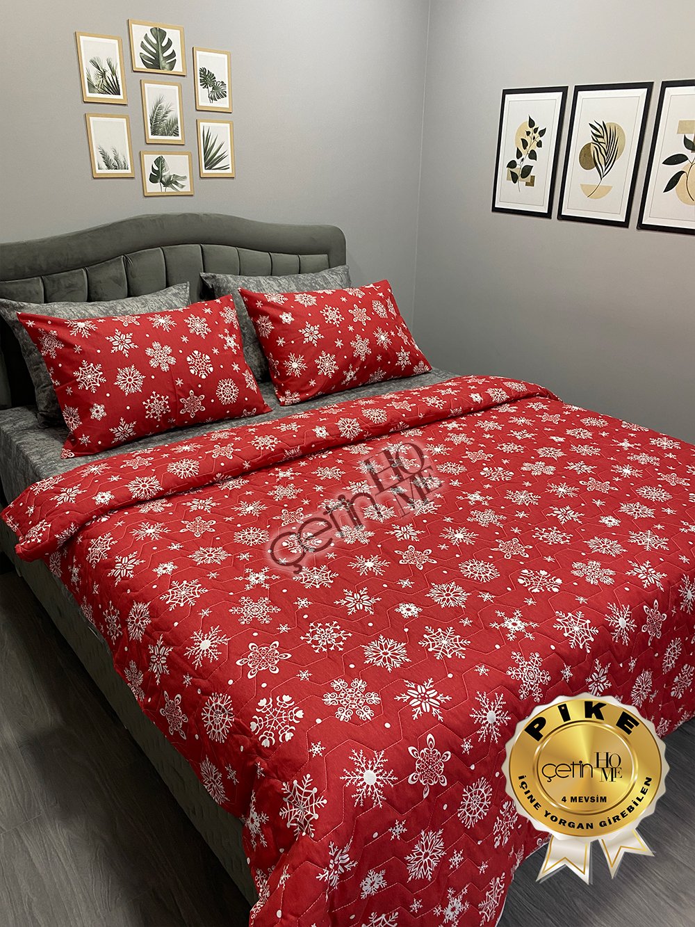 Çetinhome Çift Kişilik Çarşafı Lastikli Kapitone Pike Takımı 4 Mevsim Kar