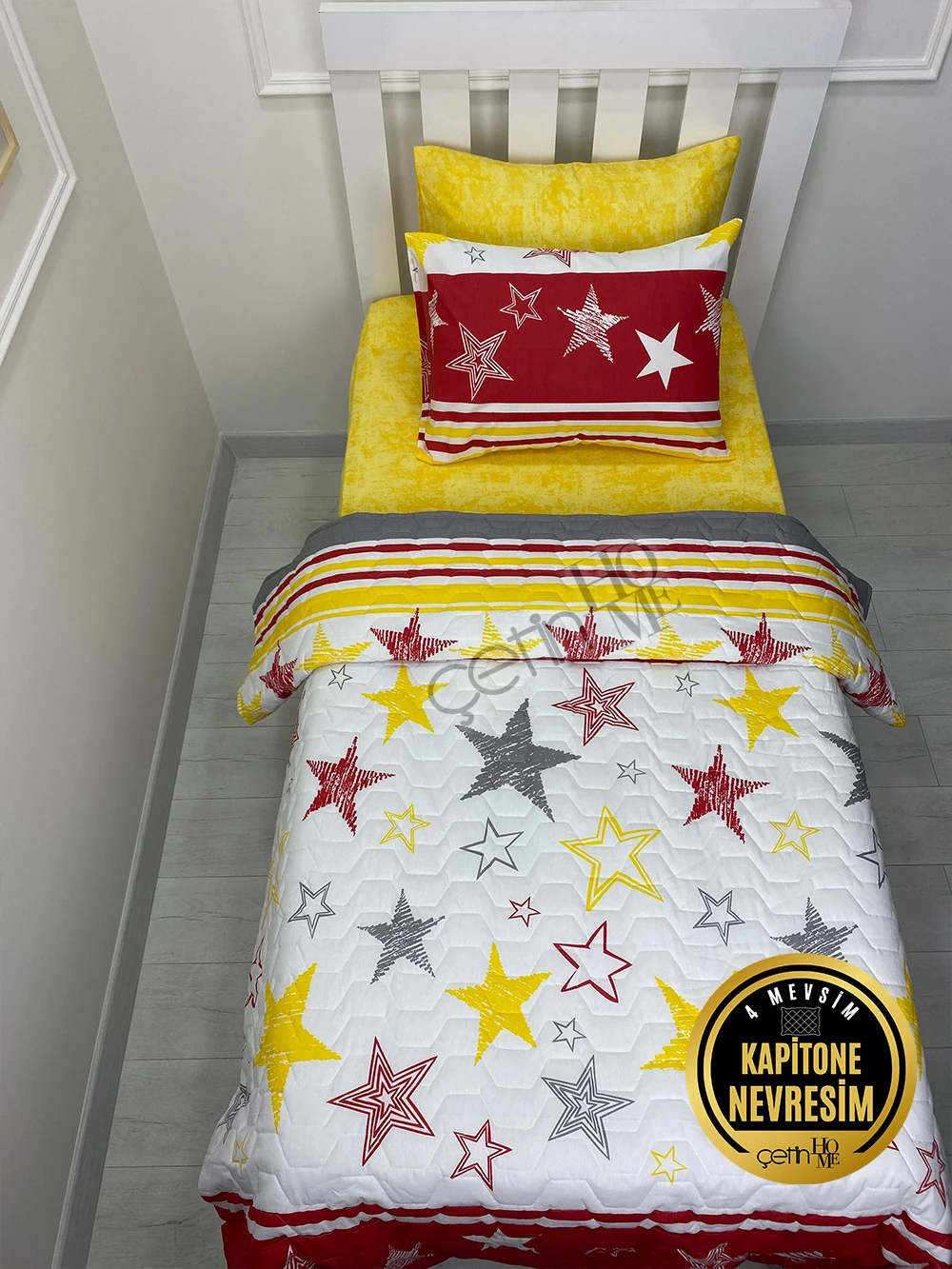 Çetinhome Tek Kişilik Çarşafı Lastikli Kapitone Pike Takımı 4 Mevsim Sarı Kırmızı