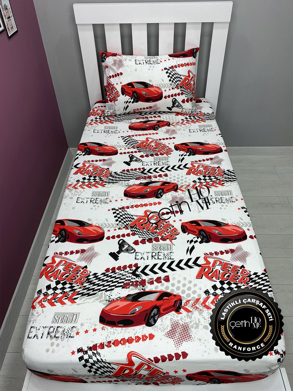 Kumaş Lastikli Çarşaf Seti Tek Kişilik 3 Ebat Red Racer
