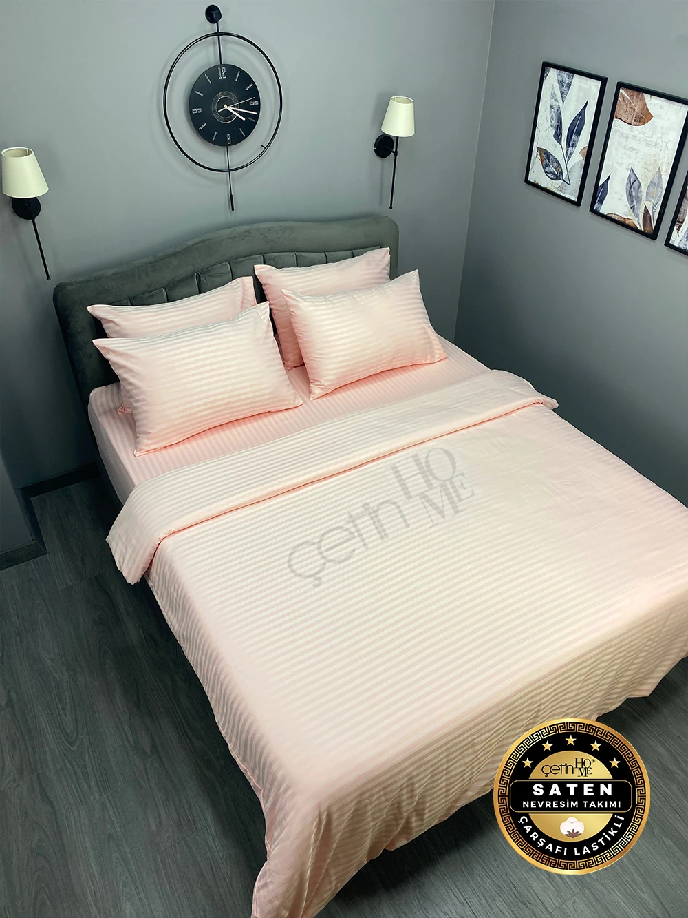 Çetinhome Çizgili Saten Nevresim Takımı - Pudra