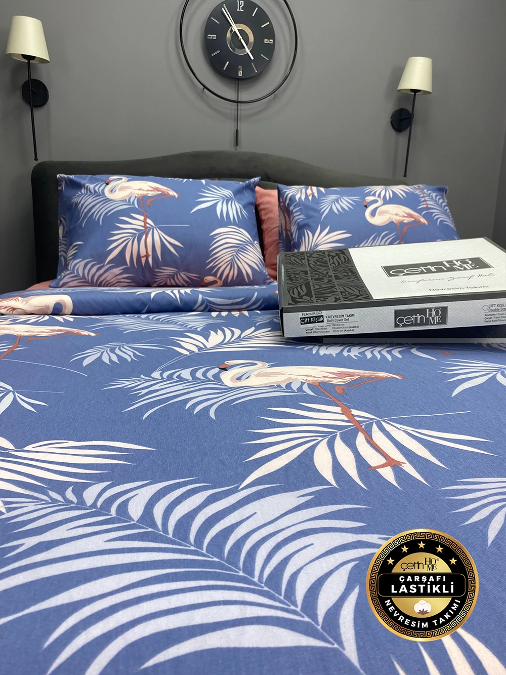 Çetinhome Çarşafı Lastikli Çift Kişilik Nevresim Takımı Kuğu