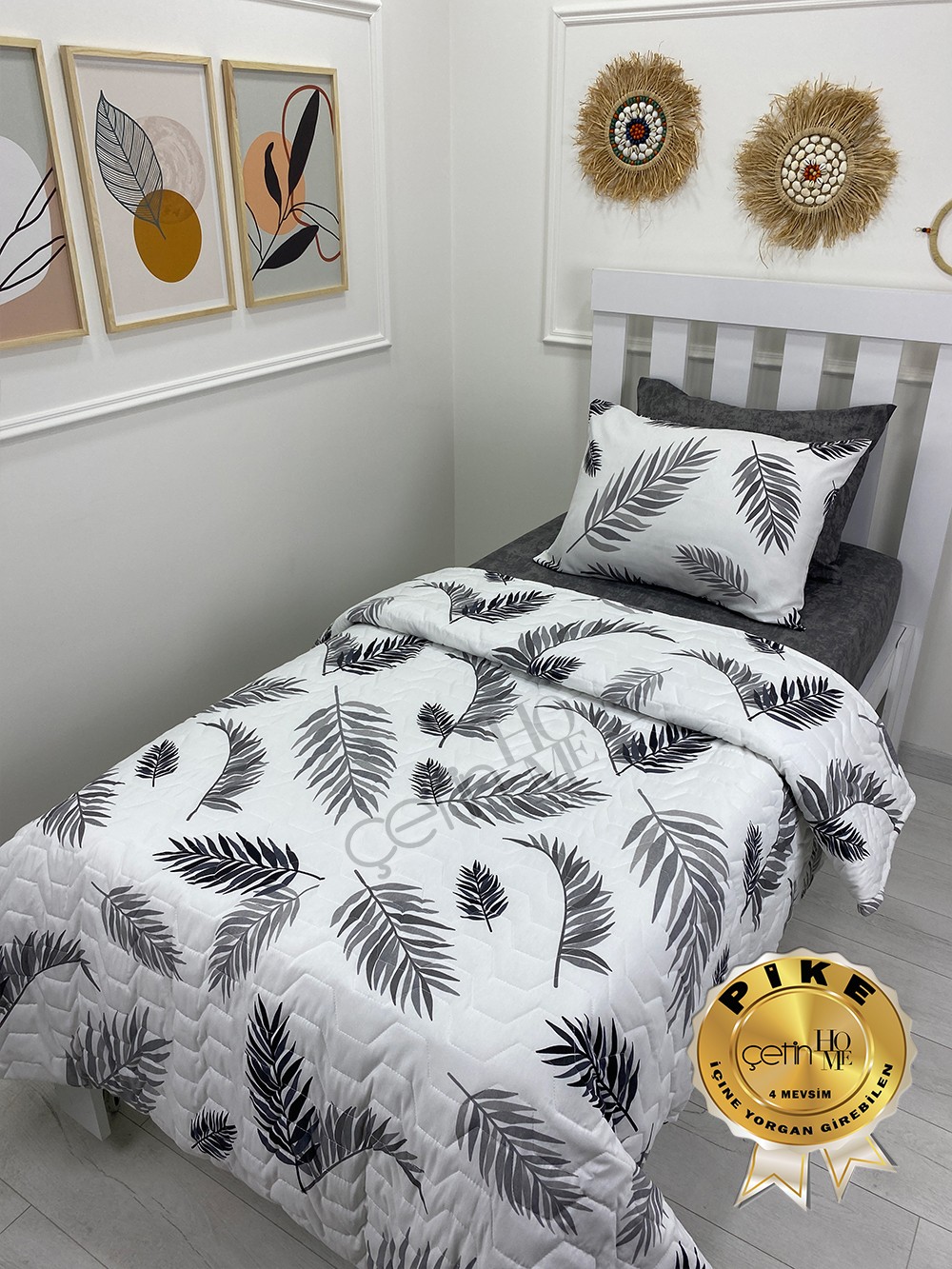 Çetinhome Tek Kişilik Çarşafı Lastikli Kapitone Pike Takımı 4 Mevsim Palm