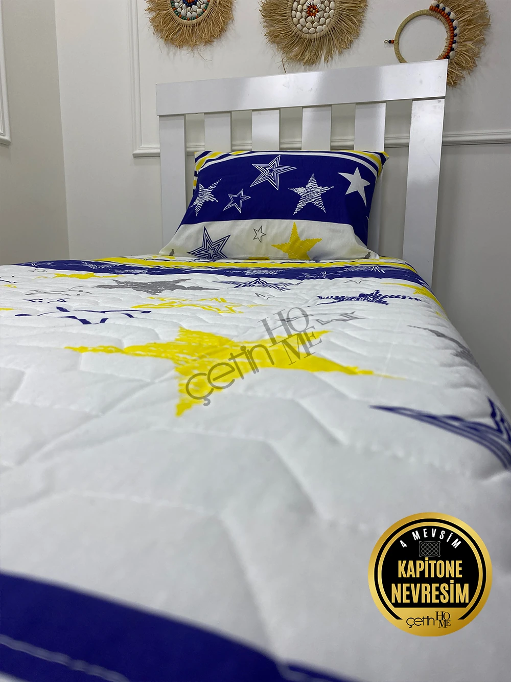 Çetinhome Tek Kişilik Kapitone Pike Seti 4 Mevsim Sarı Lacivert