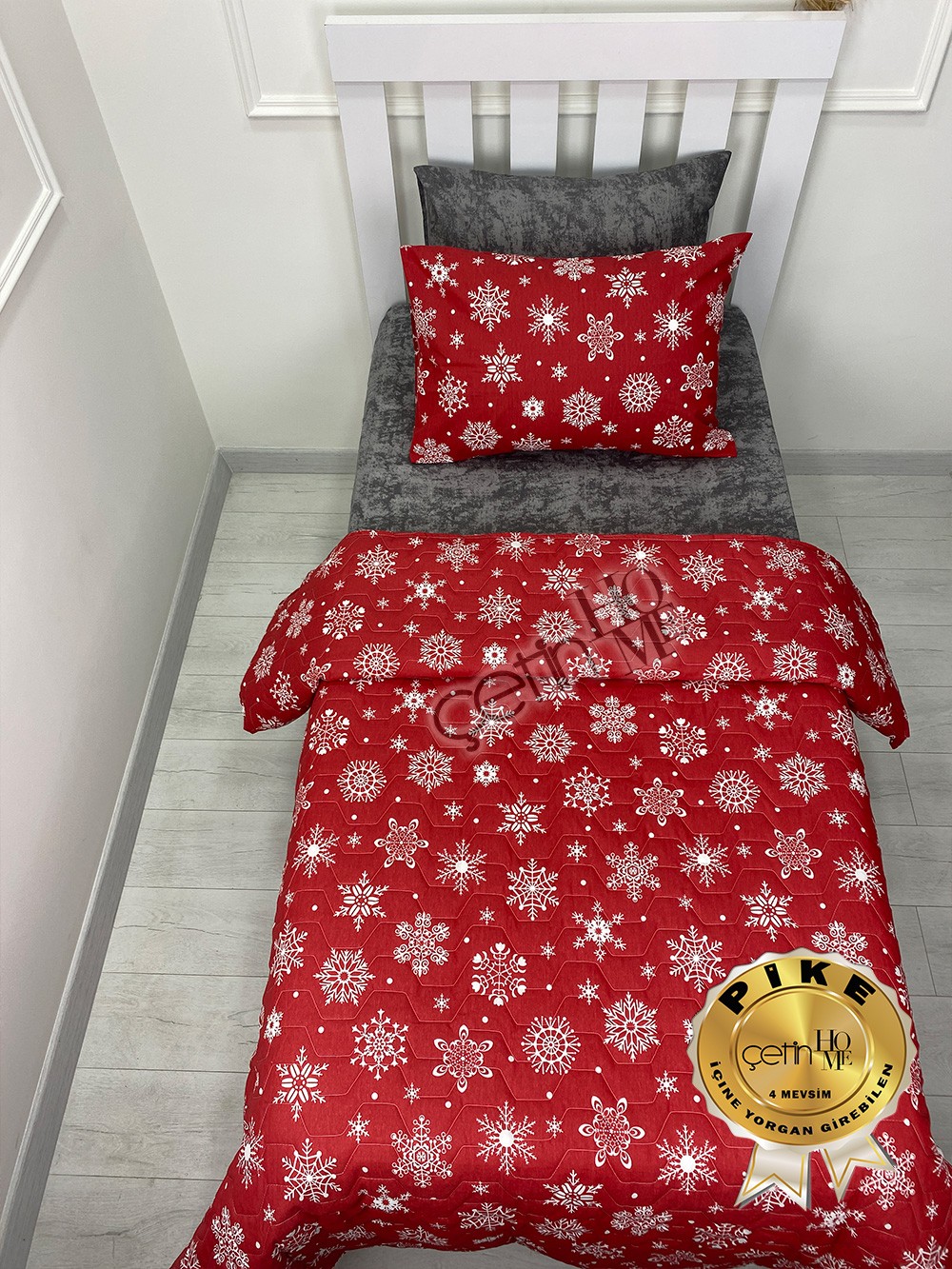 Çetinhome Tek Kişilik Çarşafı Lastikli Kapitone Pike Takımı 4 Mevsim Kar