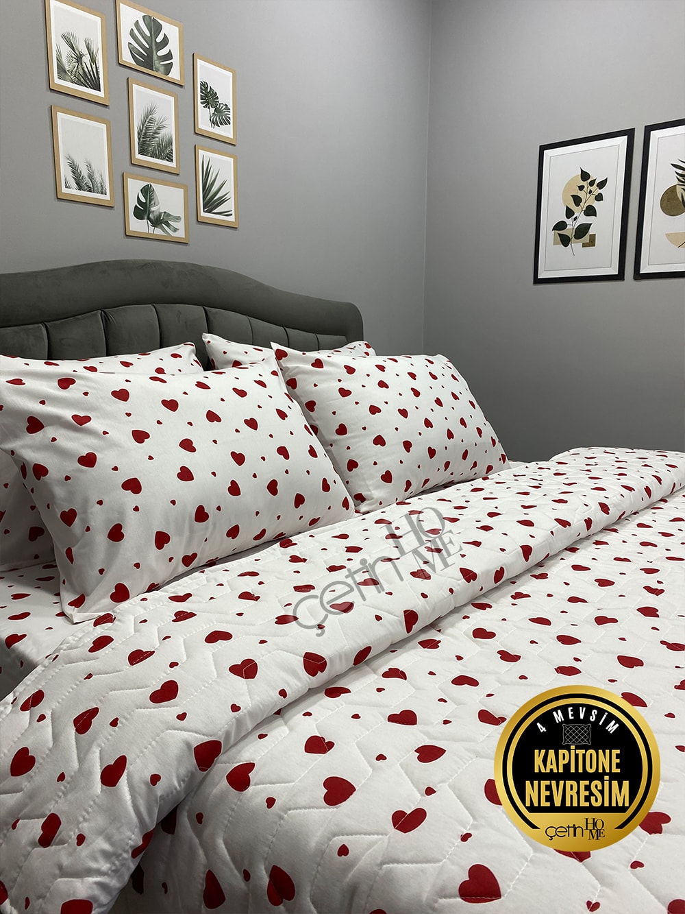 Çetinhome Çift Kişilik Çarşafı Lastikli Kapitone Pike Takımı 4 Mevsim Kalp