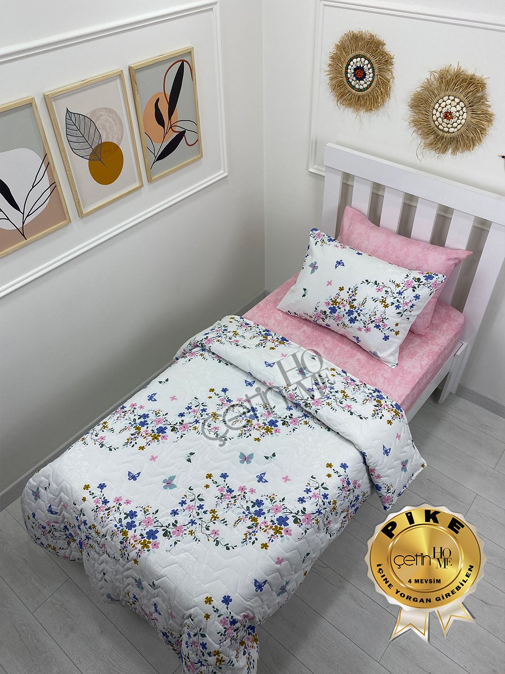 Çetinhome Tek Kişilik Çarşafı Lastikli Kapitone Pike Takımı 4 Mevsim Bahar