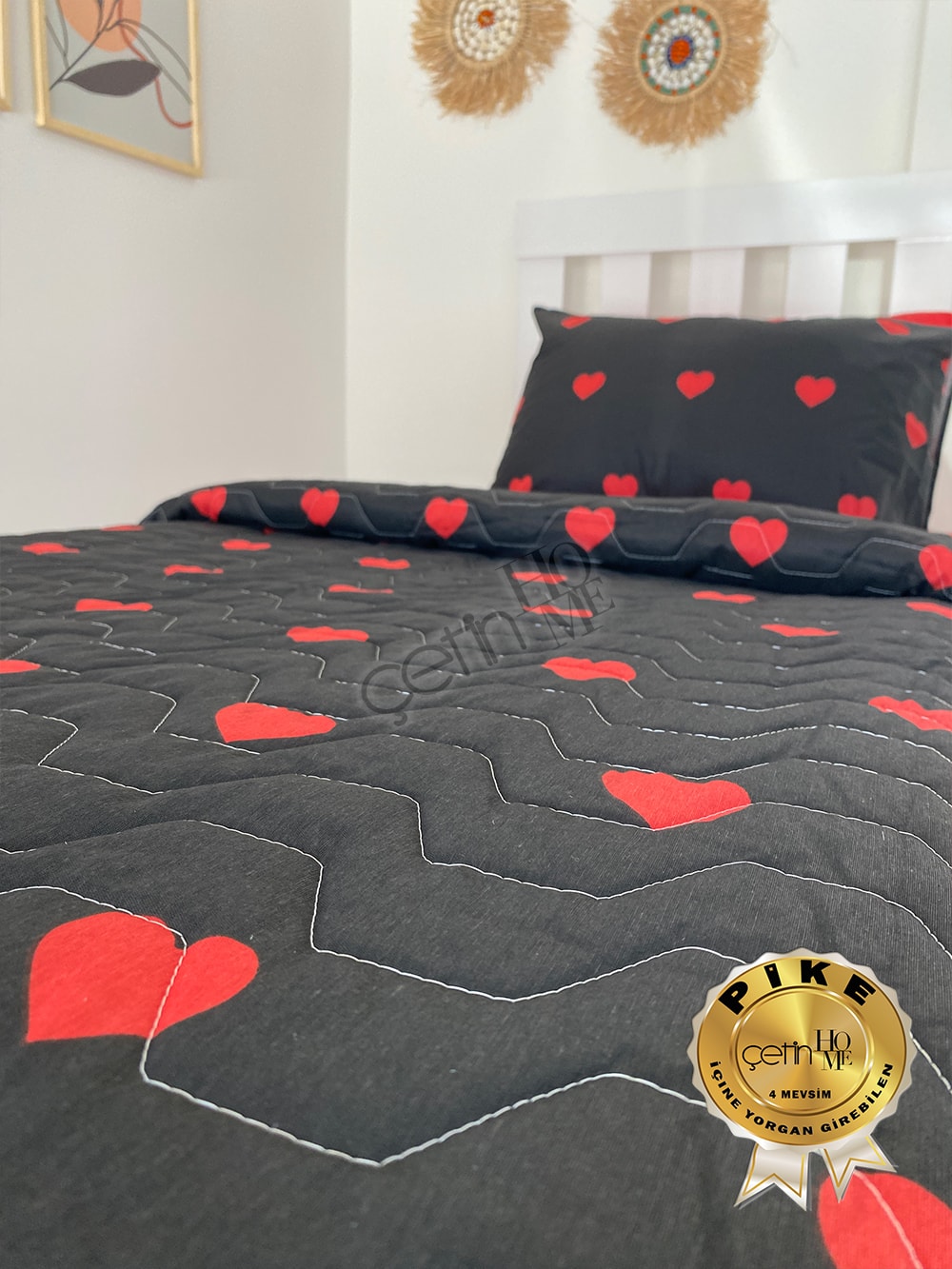Çetinhome Tek Kişilik Çarşafı Lastikli Kapitone Pike Takımı 4 Mevsim Siyah Kalp