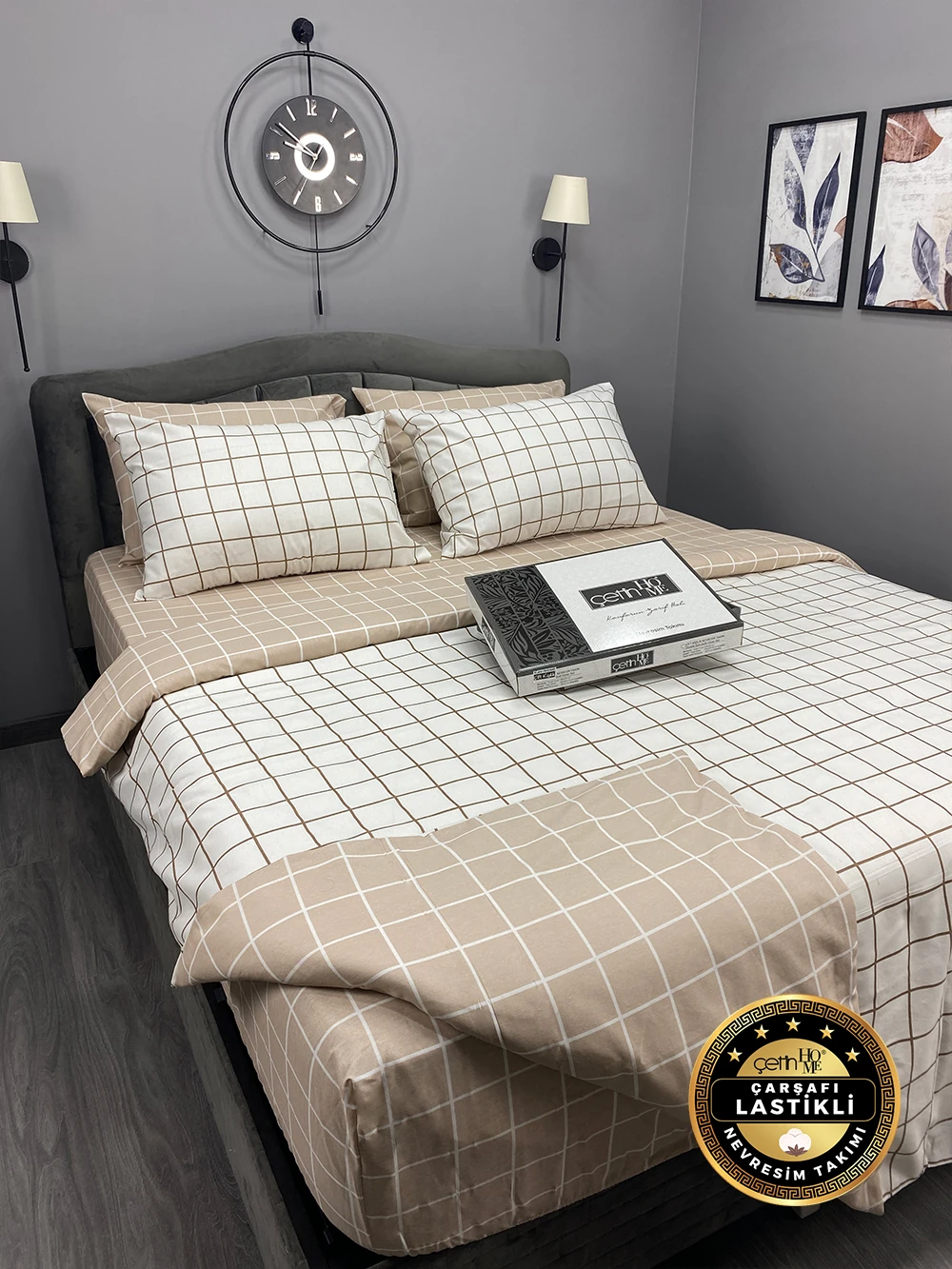 Çetinhome Çarşafı Lastikli Çift Kişilik Nevresim Takımı Kare Bej