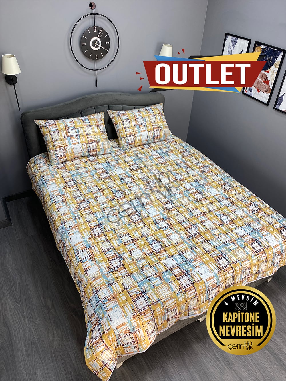 Outlet Çift Kişilik Kapitone Pike Seti 4 Mevsim Ebruli