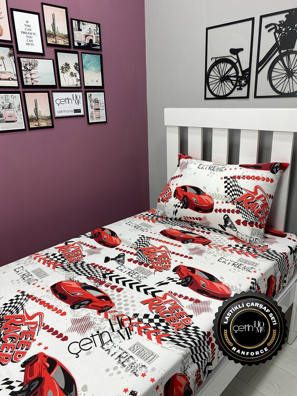 Kumaş Lastikli Çarşaf Seti Tek Kişilik 3 Ebat Red Racer