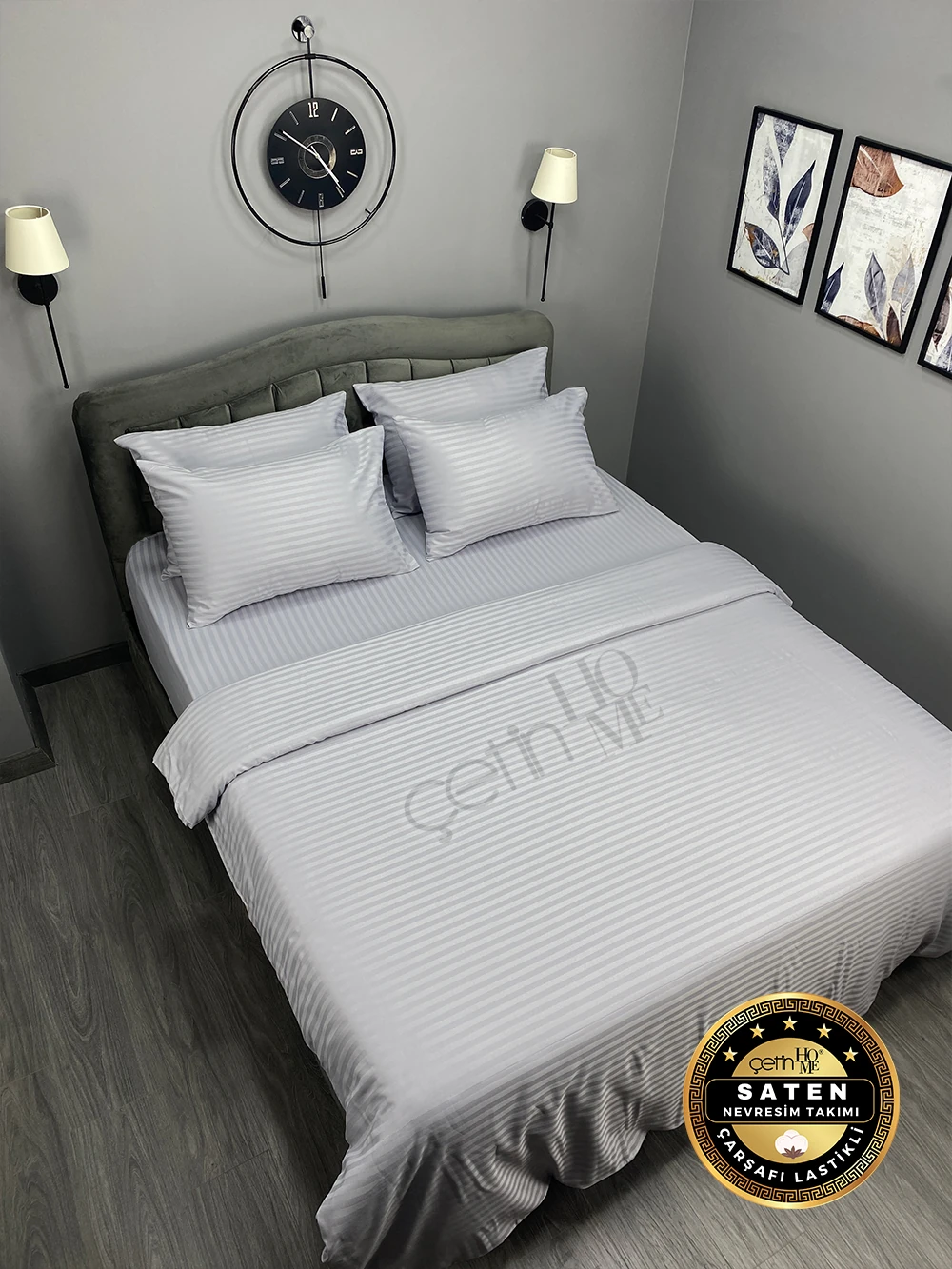 Çetinhome Çizgili Saten Nevresim Takımı - Açık Gri