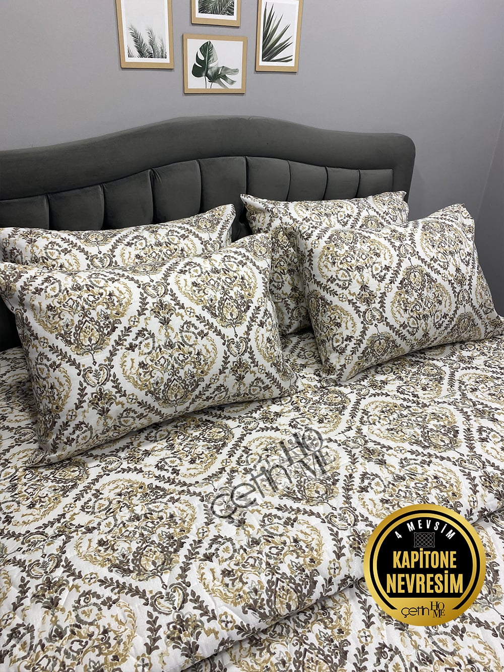 Çetinhome Çift Kişilik Çarşafı Lastikli Kapitone Pike Takımı 4 Mevsim Harem Gold
