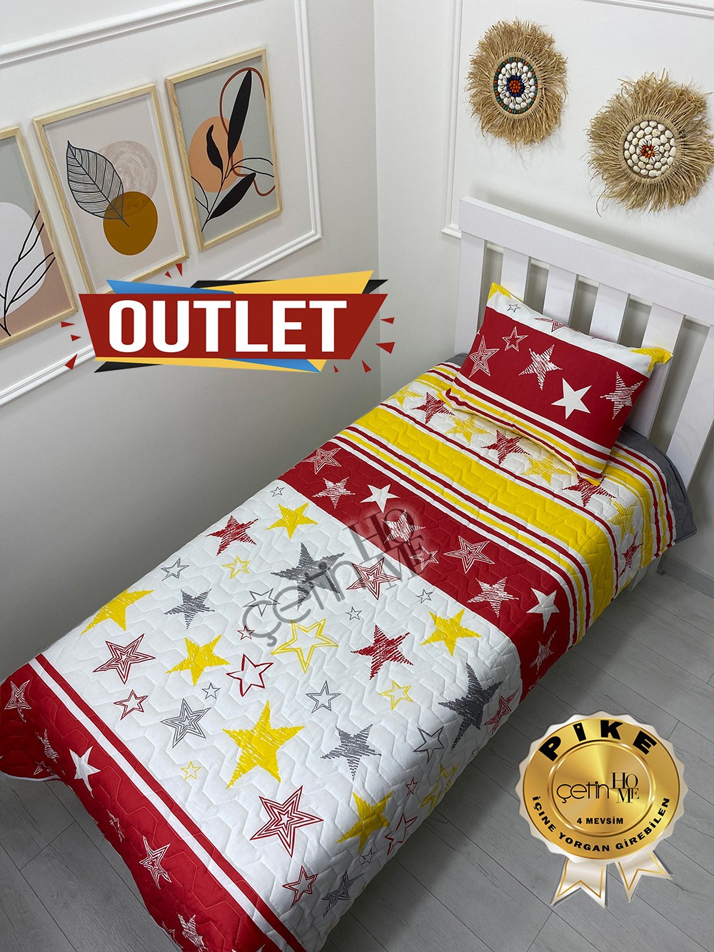 Outlet Tek Kişilik Kapitone Pike Seti 4 Mevsim Sarı Kırmızı