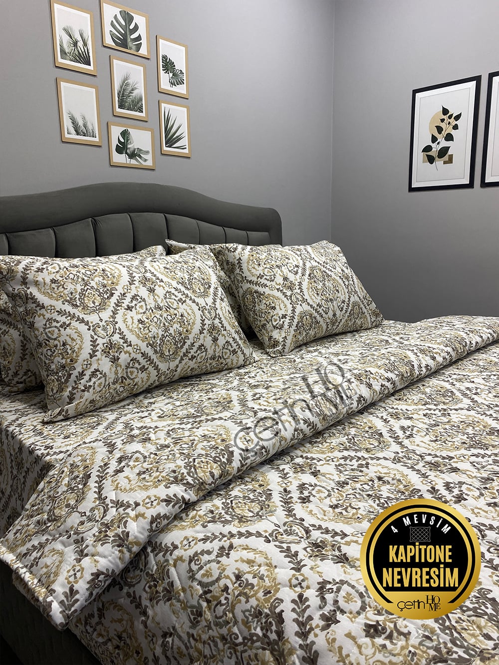 Çetinhome Çift Kişilik Çarşafı Lastikli Kapitone Pike Takımı 4 Mevsim Harem Gold