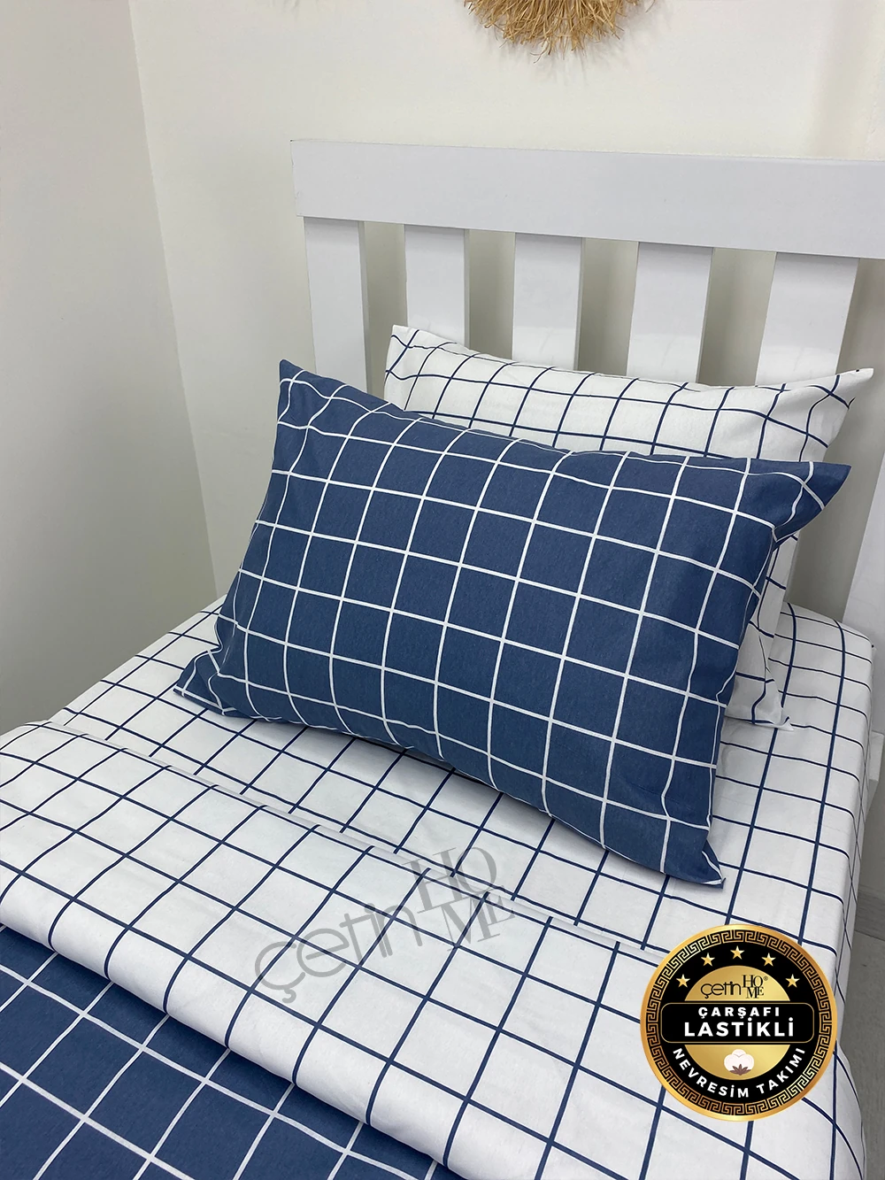 Çetinhome Çarşafı Lastikli Tek Kişilik Nevresim Takımı Kare Mavi-Beyaz