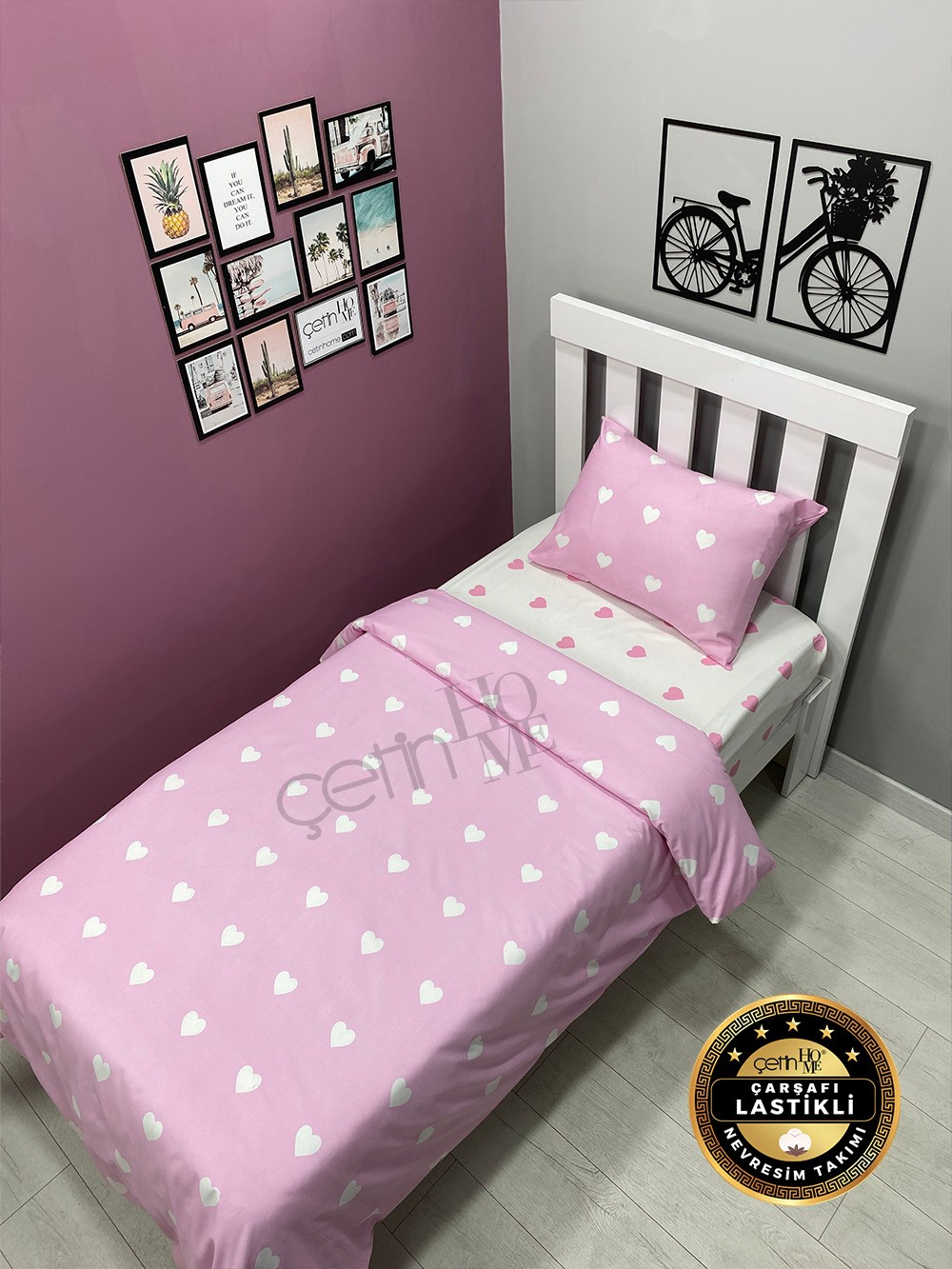 Çetinhome Çarşafı Lastikli Tek Kişilik Nevresim Takımı Pink Kalp