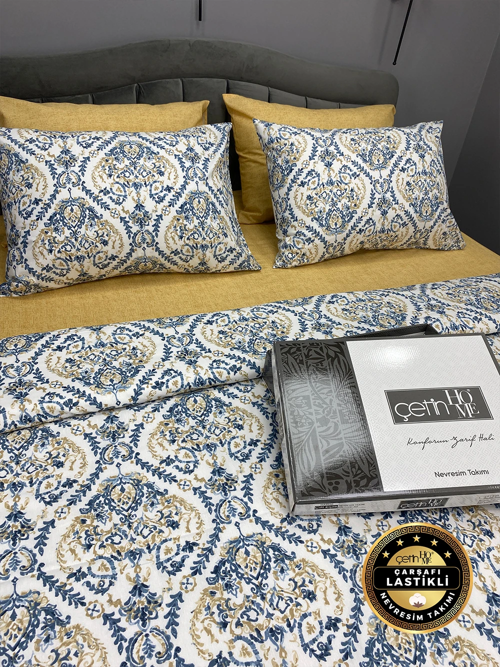 Çetinhome Çarşafı Lastikli Çift Kişilik Nevresim Takımı Harem Mavi