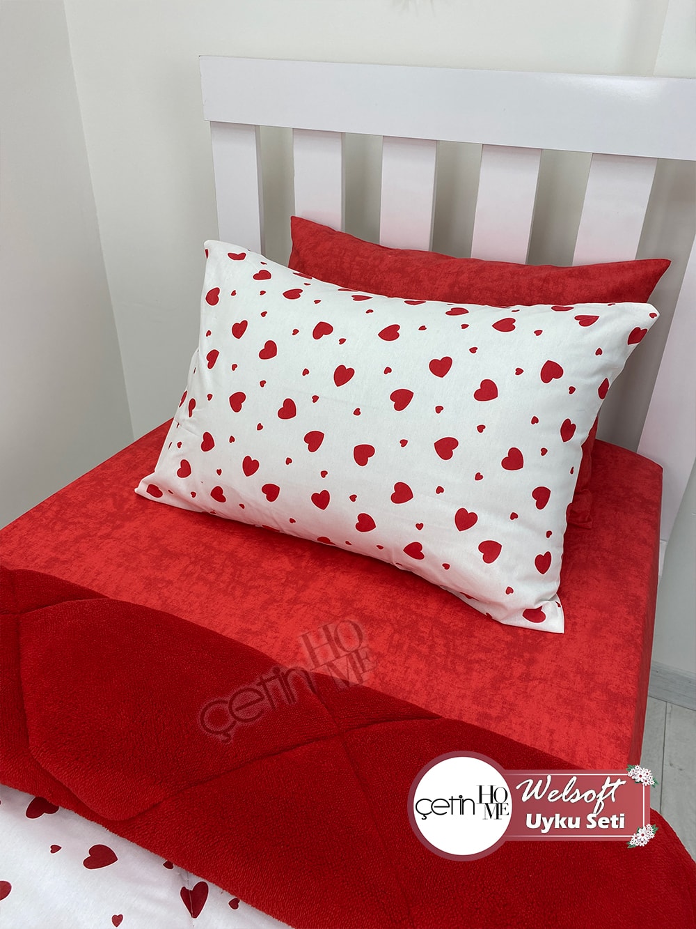 Çetinhome Tek Kişilik Çarşafı Lastikli Desenli Welsoft Yorgan Kalp Kırmızı