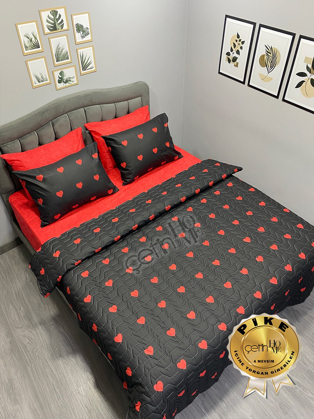 Çetinhome Çift Kişilik Çarşafı Lastikli Kapitone Pike Takımı 4 Mevsim Siyah Kalp