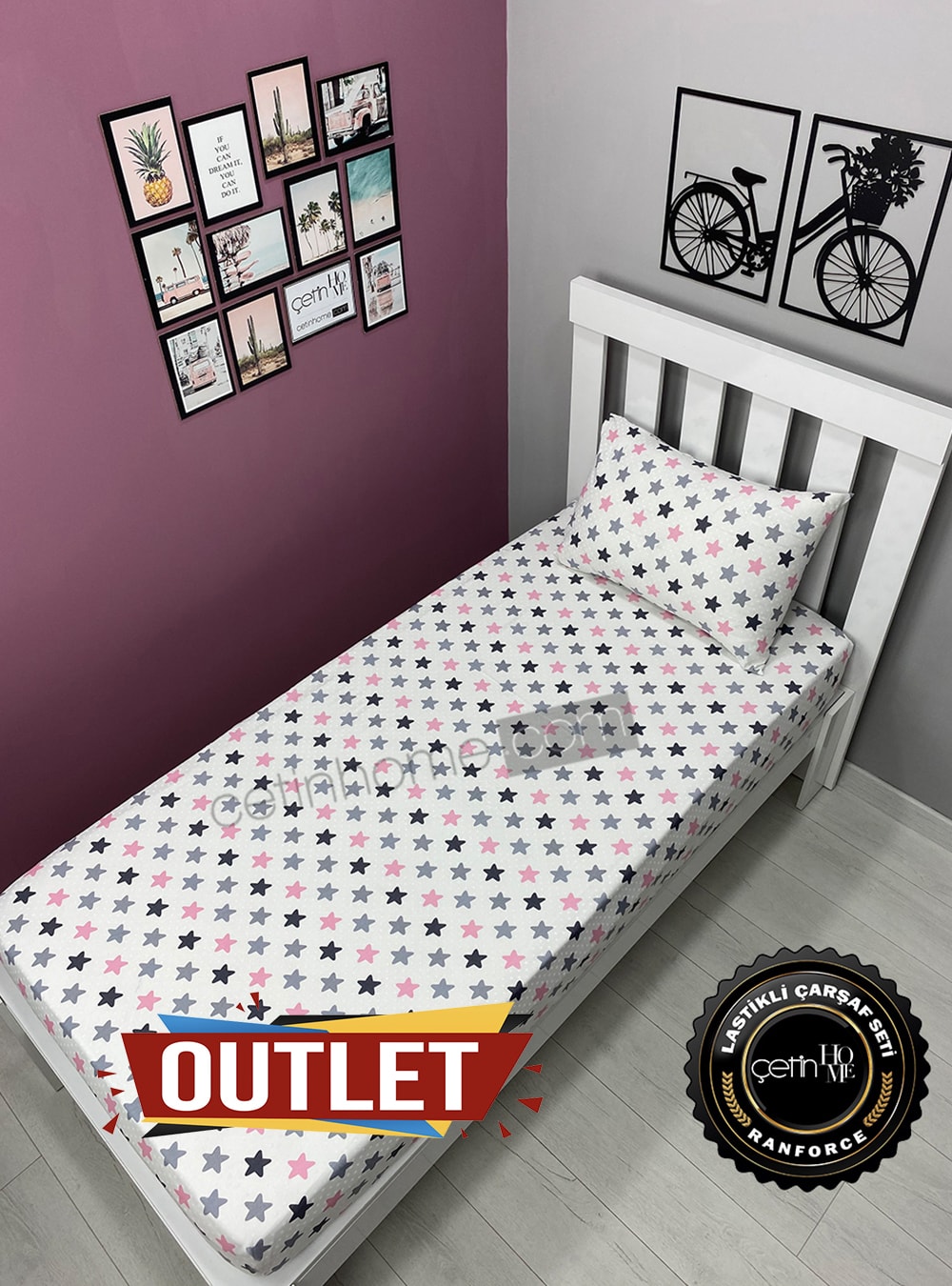 Outlet Kumaş Lastikli Çarşaf Seti Tek Kişilik Yıldız Pudra
