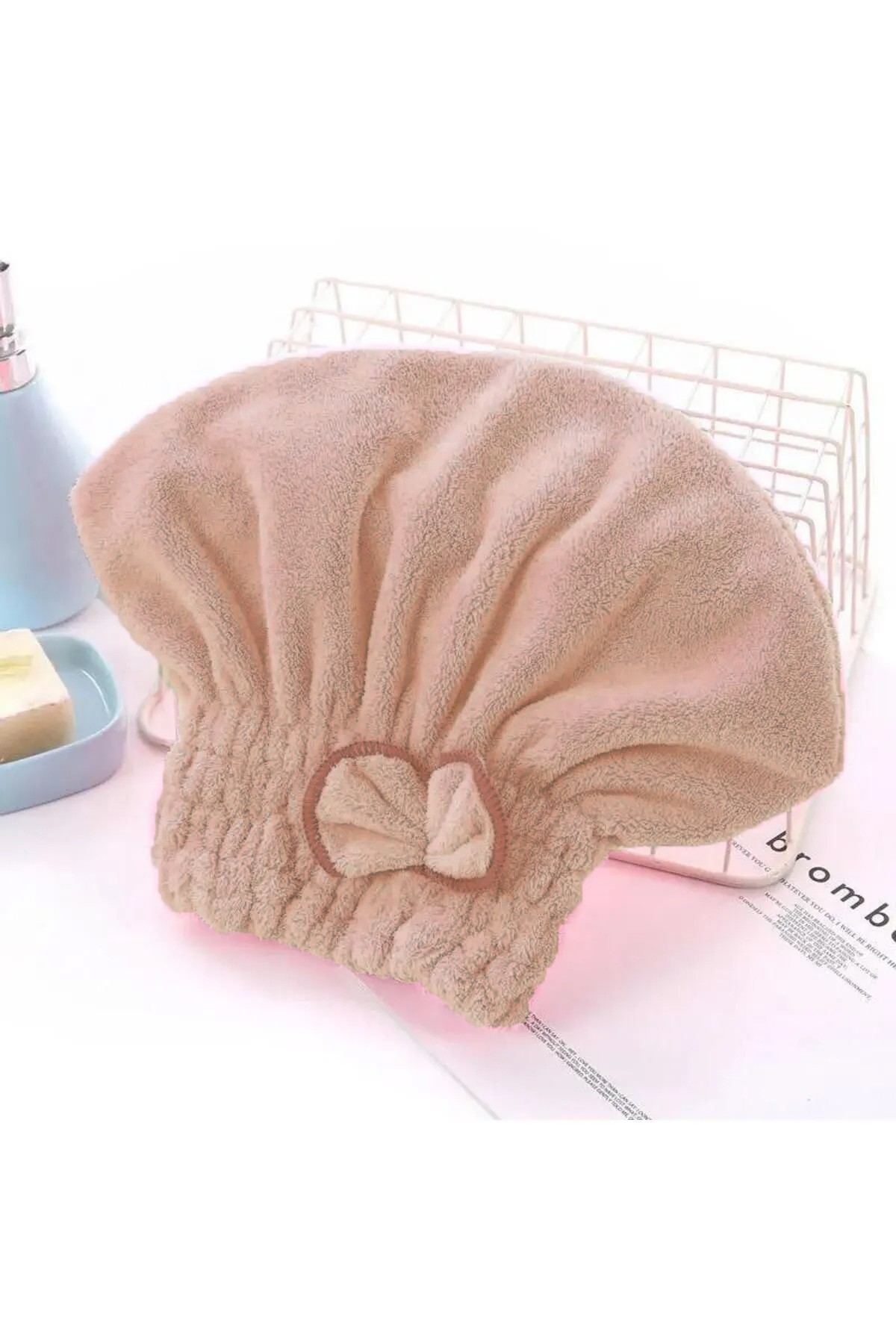 Microfiber Lastikli Saç Kurulama Bonesi - Bej