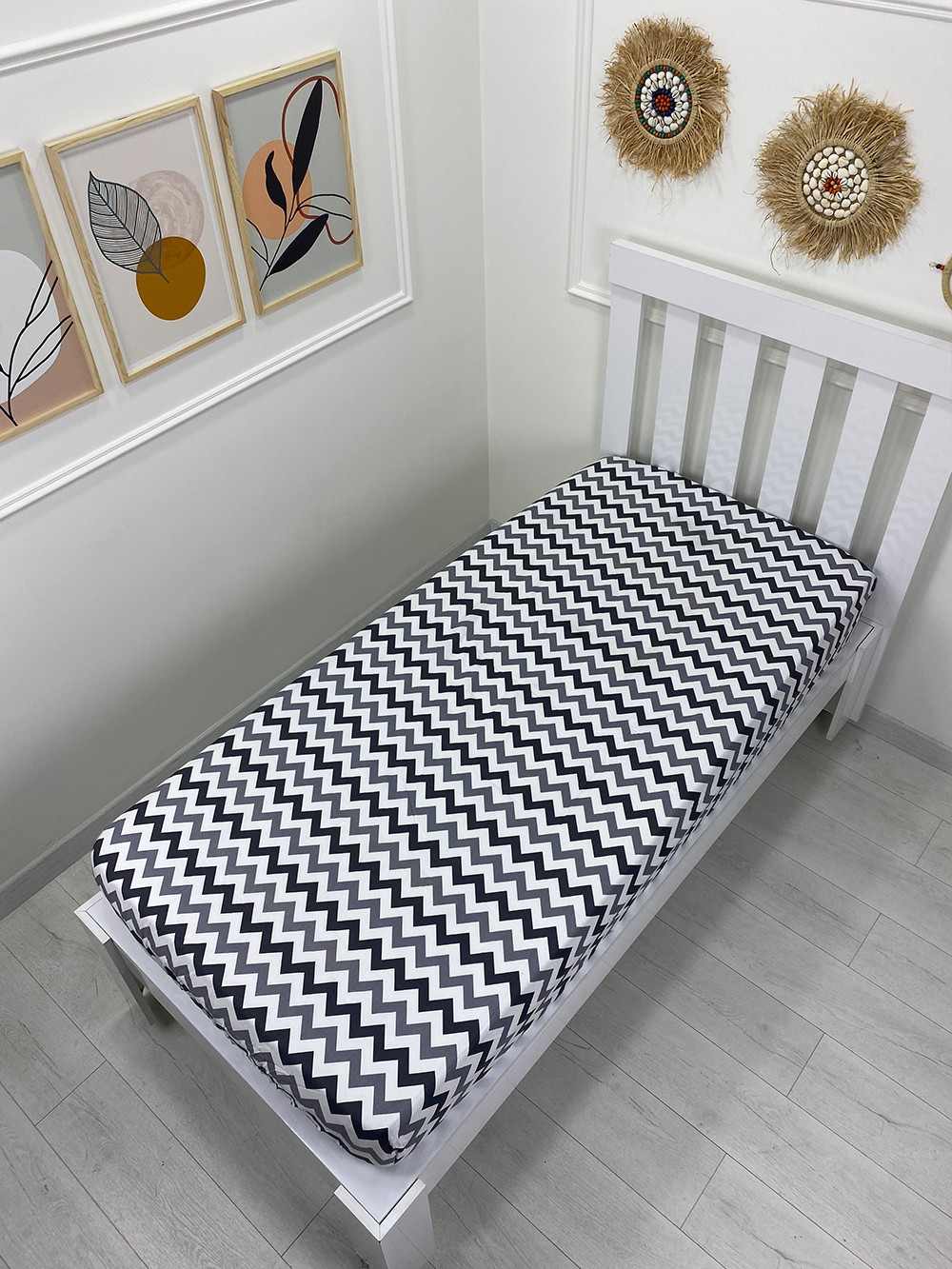 Kumaş Lastikli Çarşaf Tek Kişilik 90x190cm Zikzak Gri (Yastık Kılıfsız)